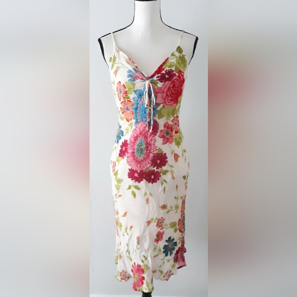 Vintage Floral Tie-Front Beaded Spaghetti Strap Silk Dress